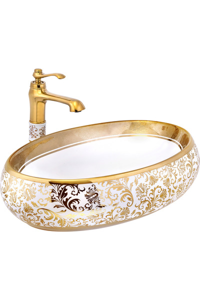 banyosepeti Gold Çanak Lavabo Gold Beyaz Seramik Lavabo İşlemeli 60x40 Armatü...