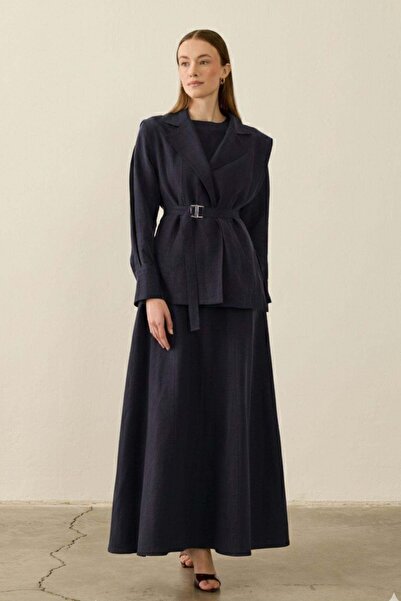 Hilay Mersi Yelekli Keten Lyocell İçlik Elbiseli Takım LACİVERT