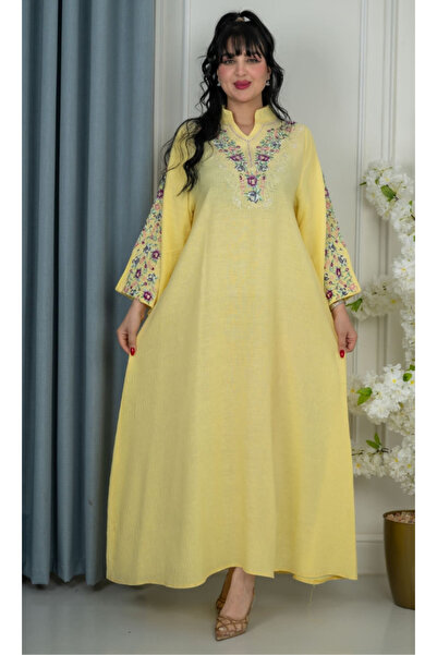TREN Artisanal Yellow Cotton Kaftan Pink Floral Embroidered Jalabiya Modest E...