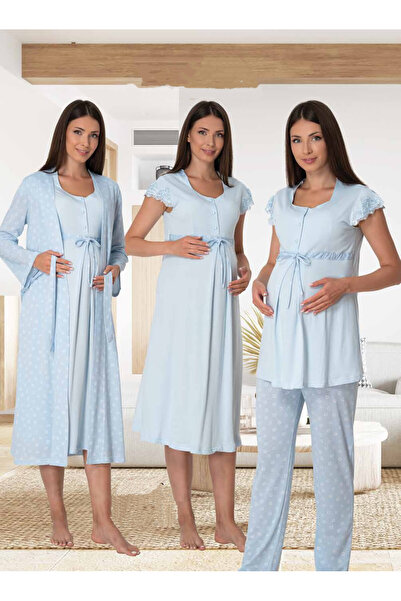 Effortt Dvina Lohusa Hamile Gecelik, Desenli Sabahlık ve Pijama Takımı Seti -...