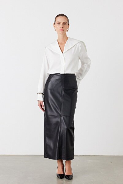 FACETTE Faux Leather Midi Skirt Black