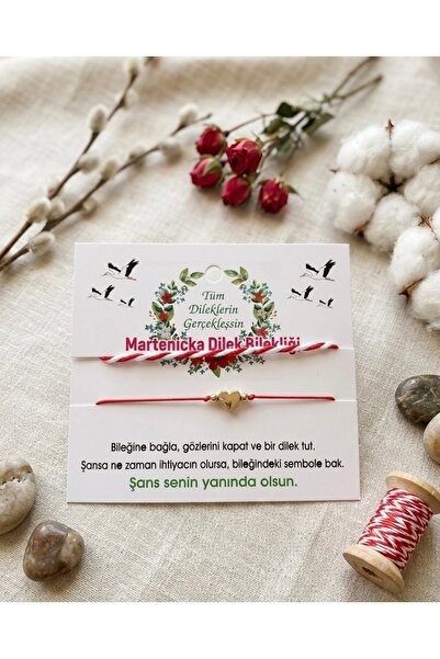 Hiis Store Martenicka Dilek Bilekliği - Kırmızı Beyaz Örgü ve Altın Renk Kalp...