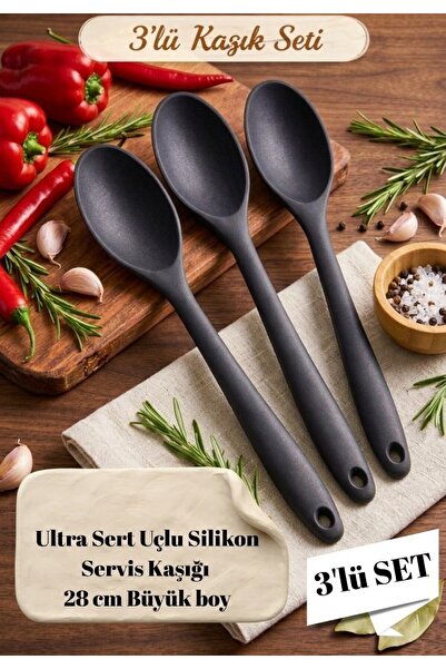 TARIK HOME Ultra Sert Uçlu 3 Parça Silikon Servis Kaşığı - Büyük Boy 28 cm Ya...
