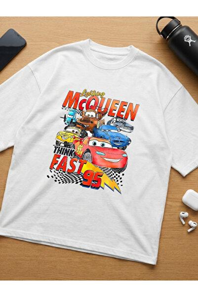 Savnera Cars Şimşek McQueen Baskılı Streetwear Oversize Unisex Pamuklu Beyaz ...