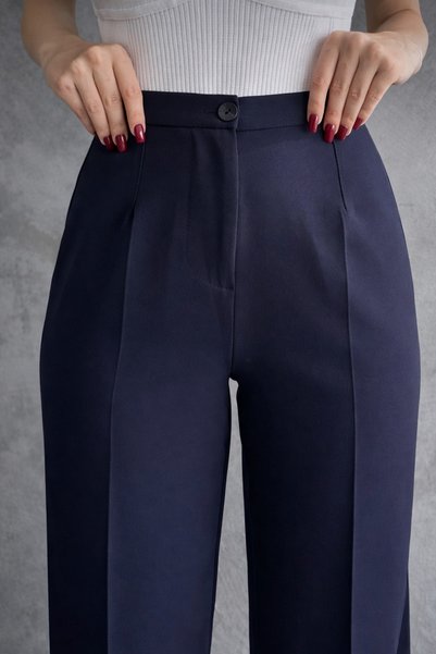 Heyya Women's High Waist Classic Navy Blue Fabric Trousers