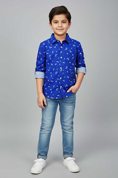 STITCH by MH Boys Royal Blue Printed Long Sleeve Shirt White Leaf & Lightning...