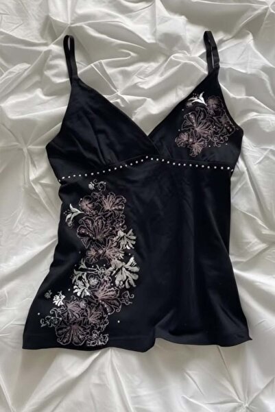Karakedi Vintage Flowers Stone Stripe Detail Strap Black Bodysuit
