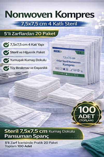 Genel Markalar Nonwoven Kompres 7,5x7,5 cm 4 Katlı Steril 100 Adet (5’li Zarf...