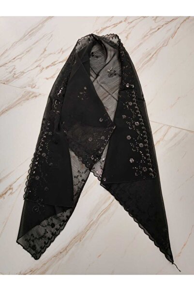 OEM Esarfa Eleganta Neagra cu Broderie si Paiete, Voal Transparent, Accesoriu...