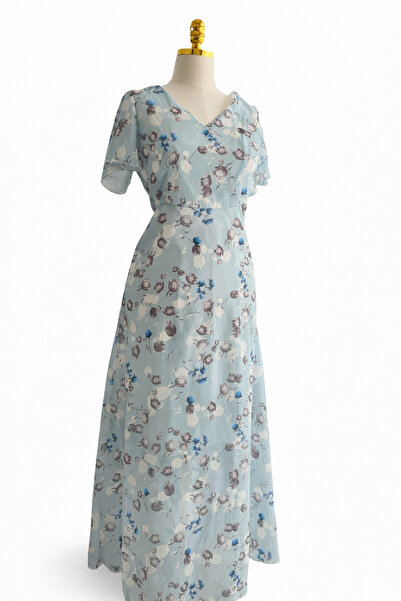 OEM Rochie Maxi Vaporasă Albastru Pastel cu Imprimeu Floral