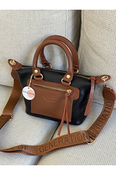 BAGLOVİS Women's Small Size Black Tan Clutch Bag Crisscross Straps Daily Styl...