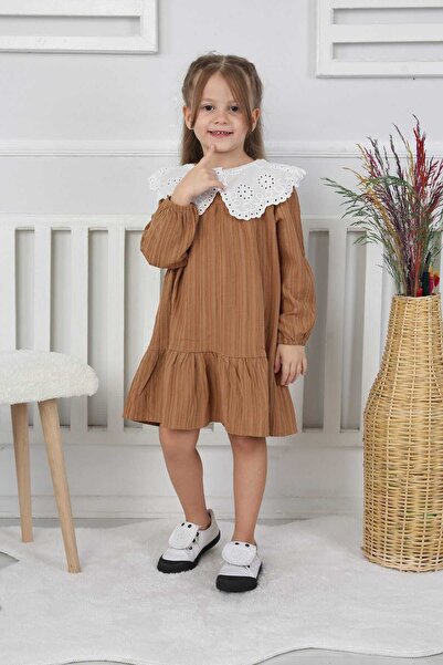 Butik Kız Çocuk Bebe Yaka Brode Detaylı Müslin Elbise