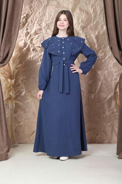 Buket Tekstil KIZ ÇOCUK MAVİ OMUZ VE YAKA DETAYLI BELİ KUŞAKLI ELBİSE