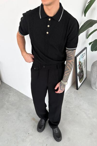 HAFKAGİYİM Чорна елегантна футболка з контрастною смужкою та поло-коміром