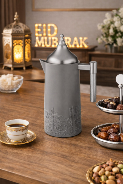 Gazelli ✨ Premium Arabic Coffee Thermos – Elegant Gray with Silver Lid | Heat...
