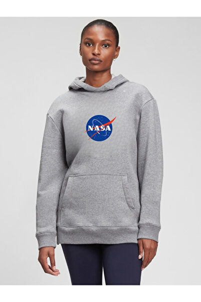 cennet'in butiği Nasa Printed Gray Hooded Unisex Sweatshirt