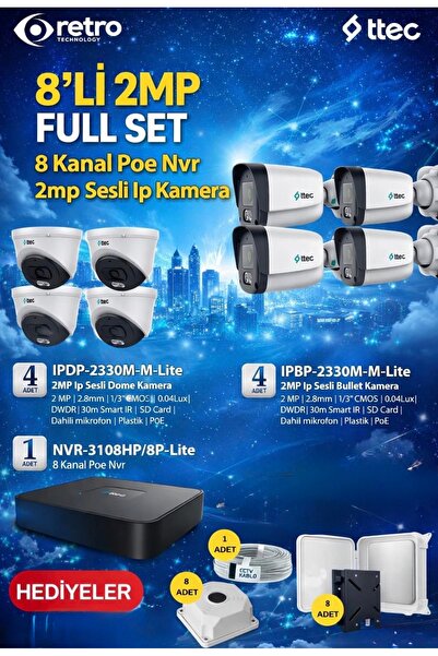 Retro Ttec 8Adet IP Kamera Seti(4Dome,4Bullet,Kablo,Buat,Pano,Askı Aparat)