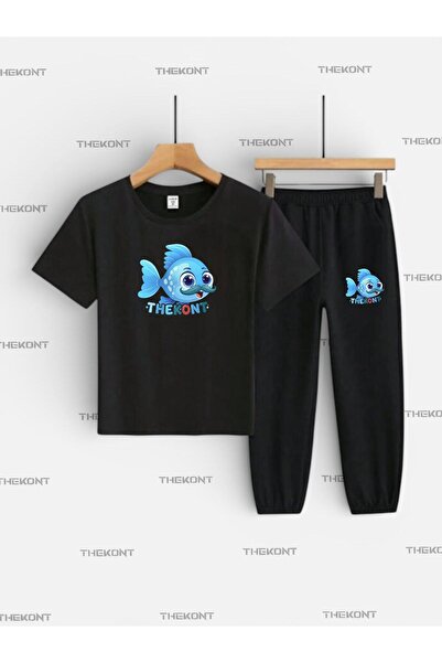 THEKONT طقم أطفال مطبوع عليه سمكة زرقاء (تي شيرت - سروال رياضي بجيوب شوفمان)