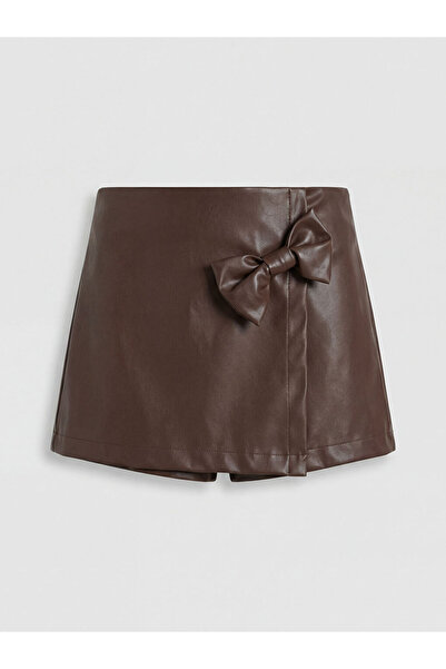 LC Waikiki Ermus Global dan Kahverengi Kız Çocuk Suni Deri Şort Etek