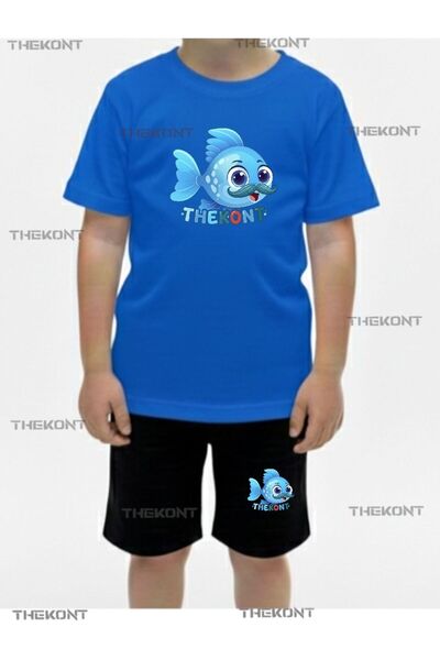 THEKONT СИН ШОРТИ С ПРИНТ НА РИБА И ТЕНИСКА ЛЯТНО ДЕТСКО ОБЛЕКЛО