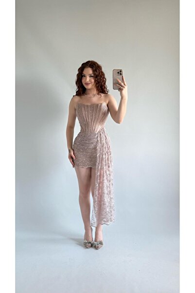 AYŞENUR DİNÇER Victoria Dantel Mini Abiye Bej