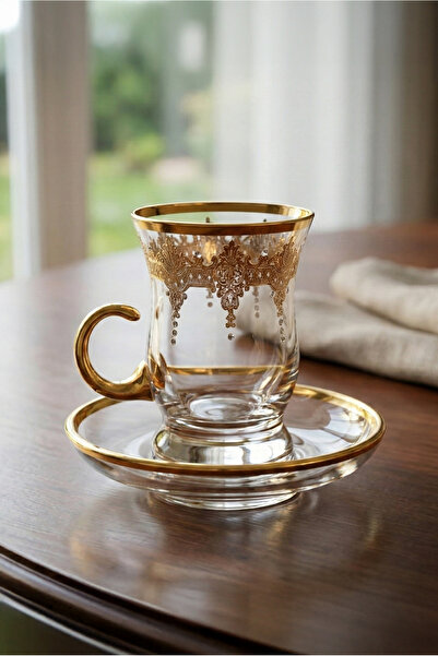 SQUALO Decorative Sheer glass tea set with saucers – 6 elegant cups for hospi...