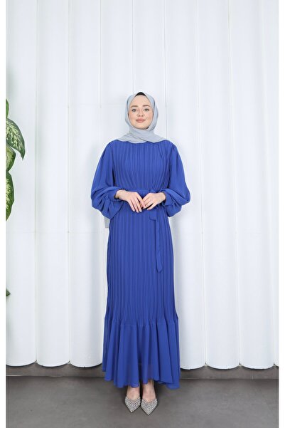 HNT Hayrunnisa Tesettür Boydan Piliseli Kuşaklı Şifon Elbise İndigo HNT8575