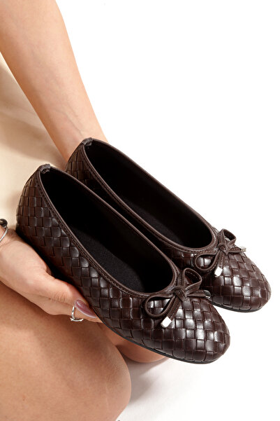 PAYZİN Καφέ Πλεκτό Μπαλαρίνα με Στρογγυλή μύτη Κλειστούς Φιόγκους Μουστάκι Ορ...