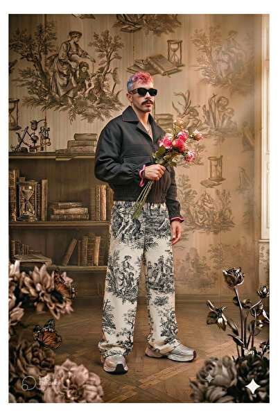 melongeneco Soyut retro desenli oversıze pantolon