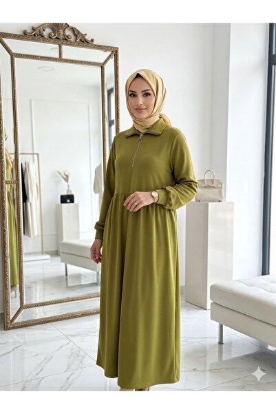 wishne Polo Yaka Fermuarlı Pamuklu Penye Tesettür Elbise Mevlana Kesim Günlük...