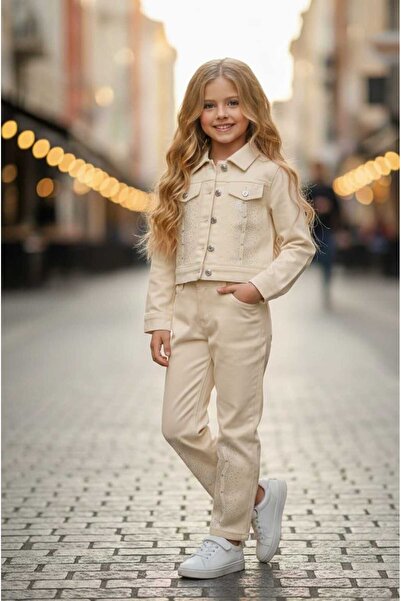 KAYAKİDS Girl's Festive Cream Stone Detailed Denim Jacket and Pants Set Girl'...