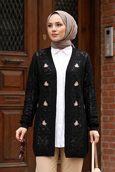 MODAQU Embroidery Decorated Lace-Like Knit Knitwear Cardigan - Black