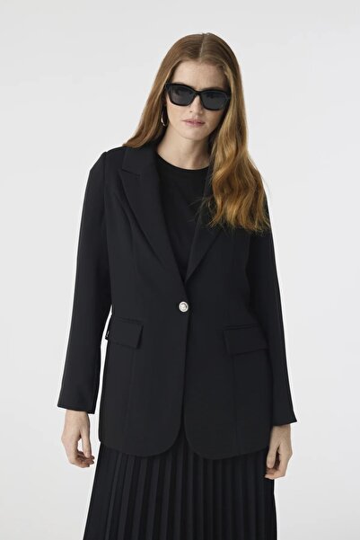 Zühre Kruvaze Yaka Tek Düğmeli Siyah Ceket 0070