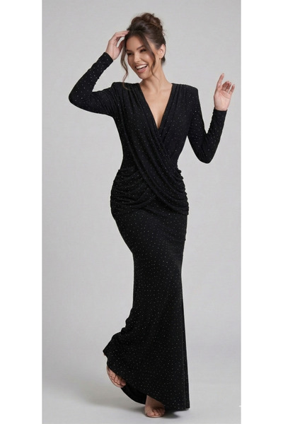 Elif Naz Moda Evi siyah uzun taşlı elbise