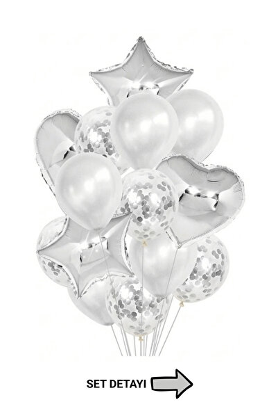 Bunloon Gümüş Yıldız Kalp Folyo Konfetili Doğum Günü Balon Seti 14 Parça