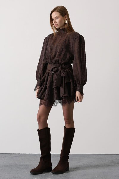 vuvutasarım Glittery Striped Women's Mini Dress with Belt Detail, Pack of Lac...