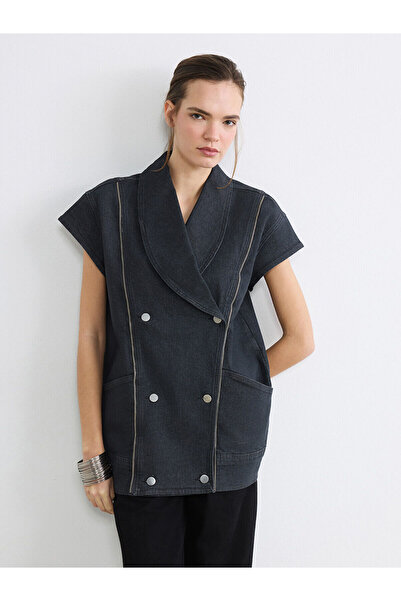 LC Waikiki Vizyon New Season Double-Breasted Collared Women's Jeans Vest