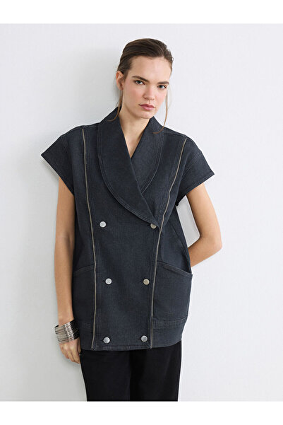 LC Waikiki Gray Double-Breasted Collared Women's Jean Vest