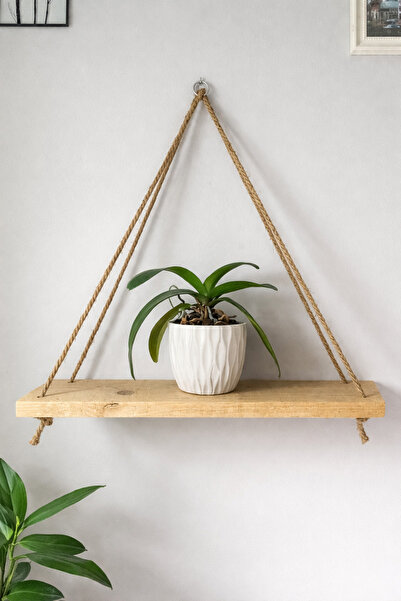 MİPOY Halatlı Ahşap Duvar Rafı – Dekoratif Asma Duvar Rafı El Yapımı Doğal Ah...