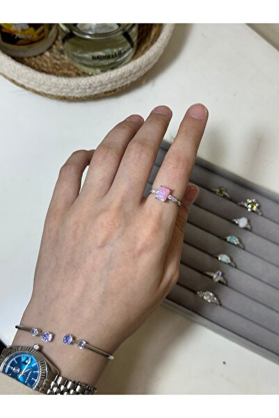 GÜMÜŞ 925 Ayar Opal Doğal Taş Yüzük - Pembe Kare