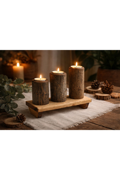 maison linden Ahşap Tealight Mumluk Seti 3'lü El Yapımı Dekoratif Mumluk Teal...