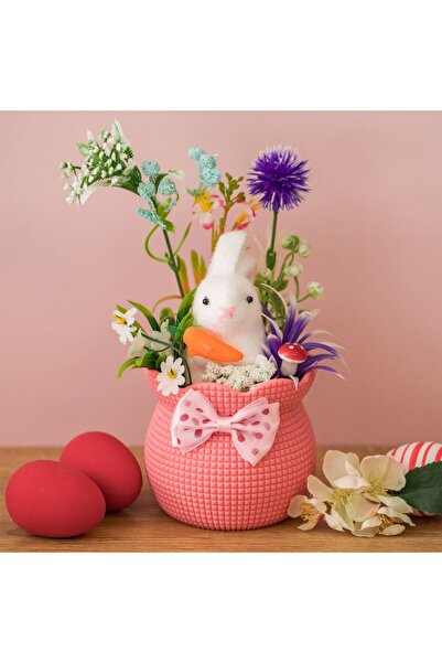 OEM Decoratiune de Paste cu Ghiveci Roz Decorat cu Iepurasi & Flori Ø10x24cm