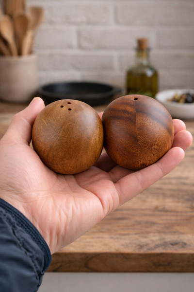 MİS KİTCHEN Acacia Salt and Pepper Shaker Set – Round Design Spice Shaker Set of 2 for the Kitchen
