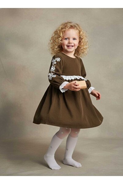 KİDSROOM Velvet Dress with Embroidered Sleeves and Belt