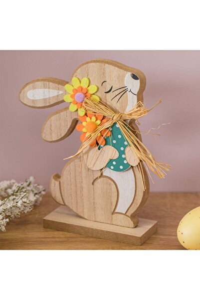 OEM Ξύλινο Πασχαλινό Διακοσμητικό Φιγούρα Κουνελιού με Λουλούδια & Αυγά 16,5εκ.