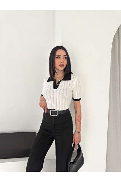 Noi Belis Πλεκτή μπλούζα με γιακά πόλο, διάτρητη, με μισό κούμπωμα και κουμπι...