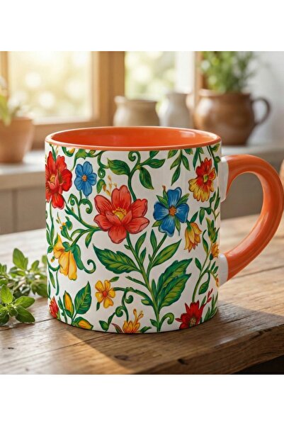 CraftMoris Bahar Bahçesi-Turuncu Detaylı Floral Fincan