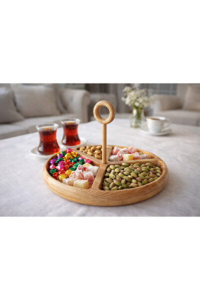 Home Doğal Ahşap Bölmeli Şekerlik & Çerezlik Sunum Tepsisi 30 cm – Kulplu Ser...