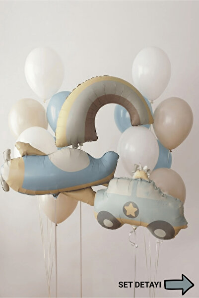 Bunloon Gökkuşağı Uçak Araba Figürlü Erkek Doğum Günü Folyo Balon Seti 15 Parça