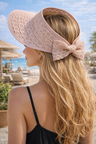 BALIENTE Pălărie de damă din paie, roz, cu vizor reglabil, detaliată cu pangl...